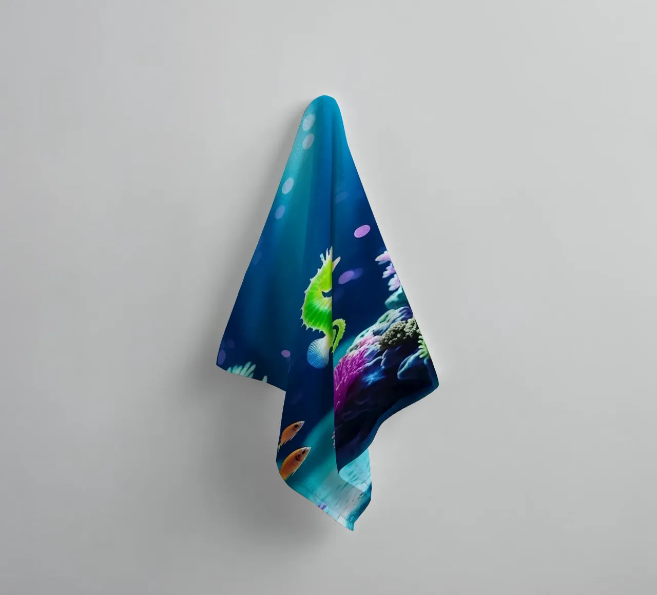 ✨🐠 Lime Glow ✦ Green Seahorse in Neon Coral 🌙 (1) serviette de bain de LUMAQUA STUDIO