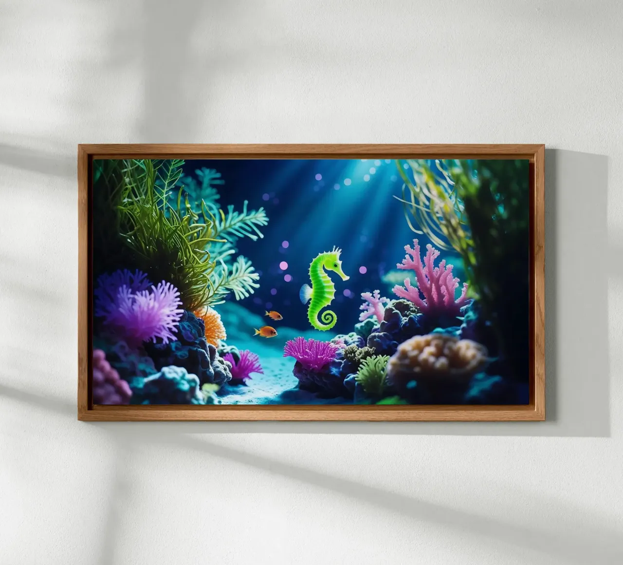 ✨🐠 Lime Glow ✦ Green Seahorse in Neon Coral 🌙 (1) panneau forex de lumaquastudio