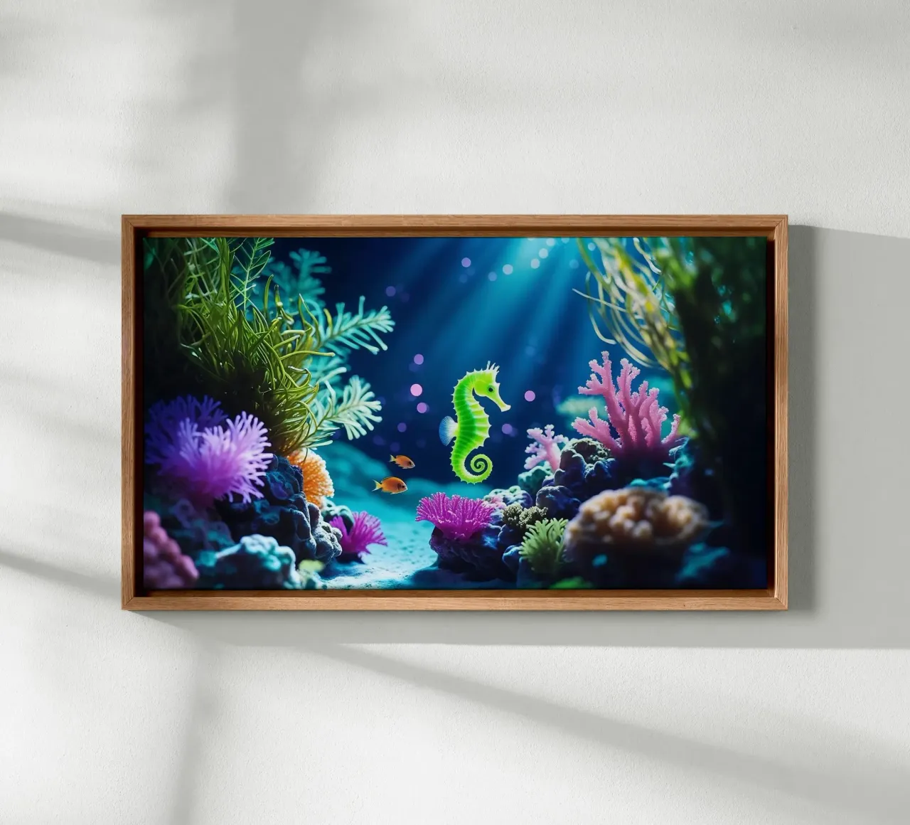 Lime Glow ✦ Groen zeepaardje in neonkoraal 🌙 (1) canvas met Baklijst van LUMAQUA STUDIO
