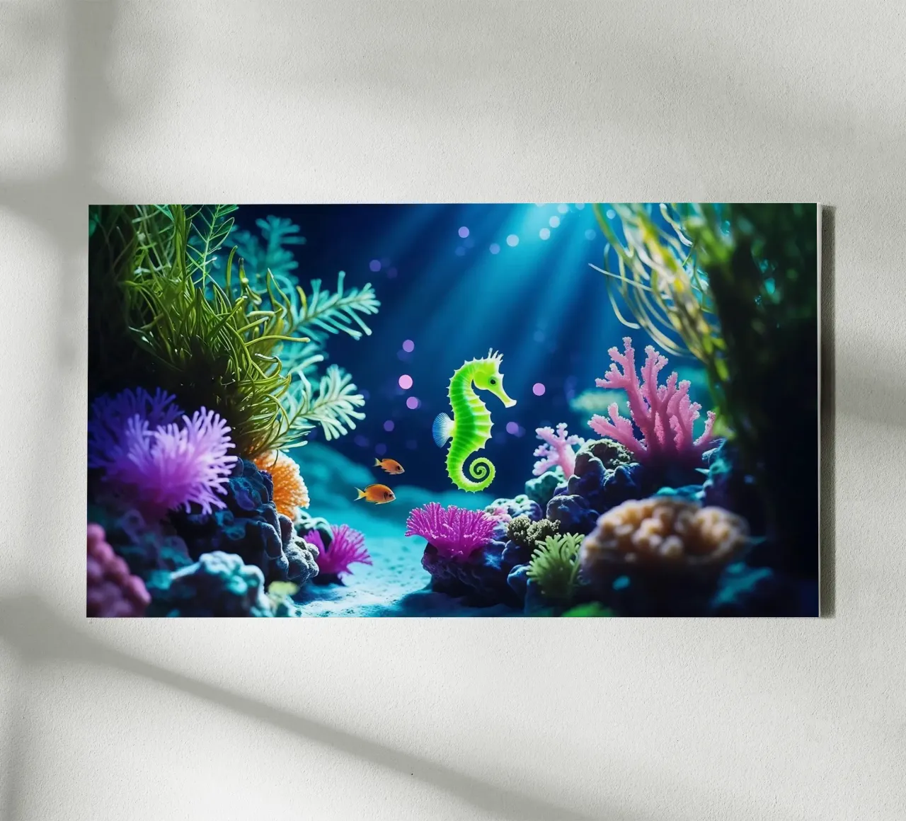 Lime Glow ✦ Groen zeepaardje in neonkoraal 🌙 (1) canvas met Baklijst van LUMAQUA STUDIO