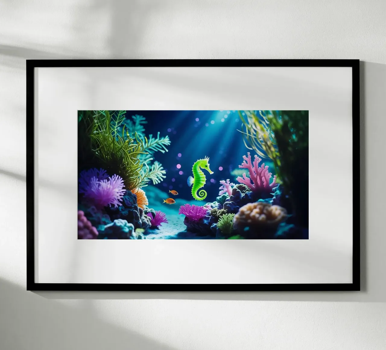 Lime Glow ✦ Hippocampe vert en corail néon (1) hahnemühle de lumaquastudio