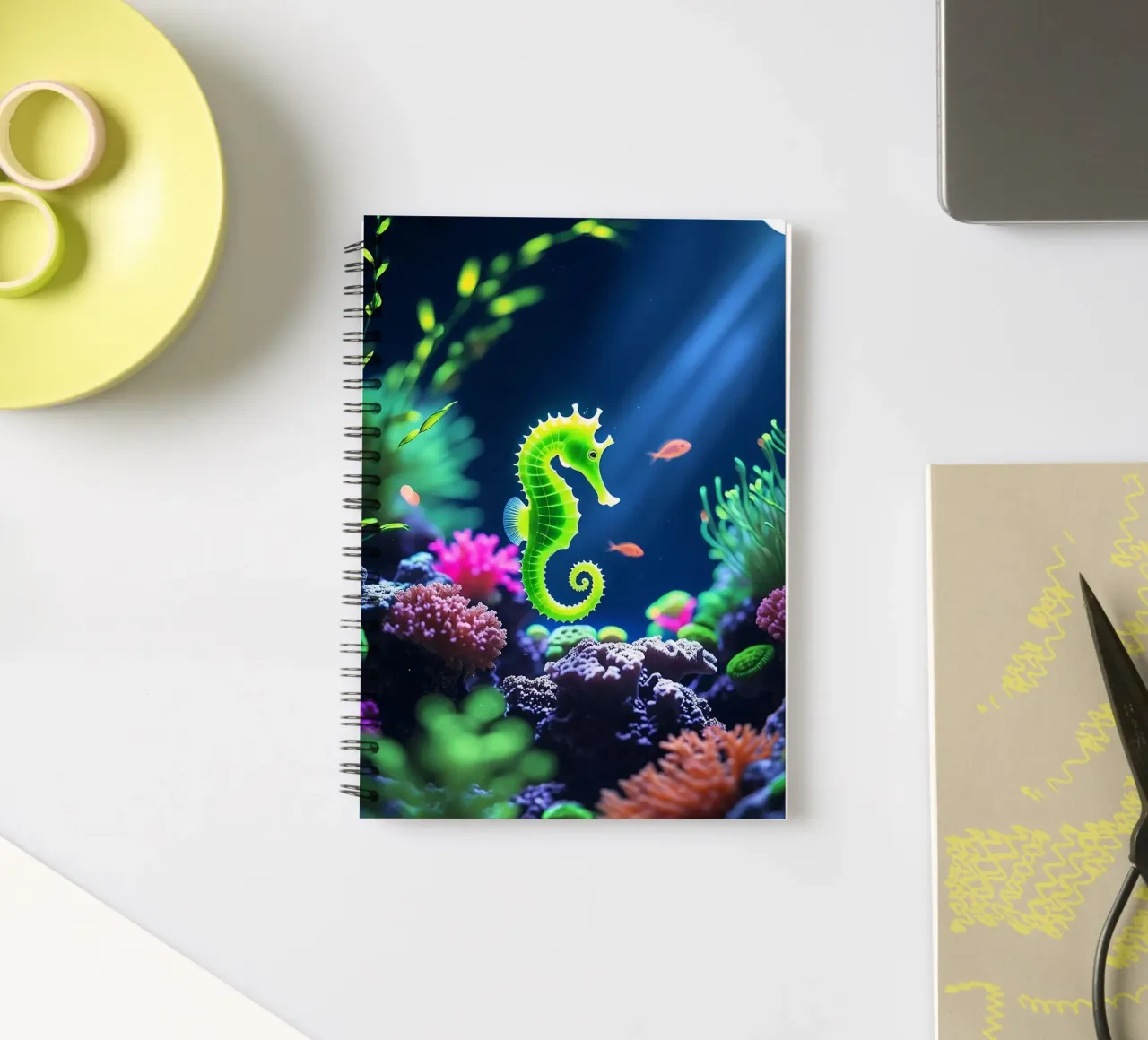 ✨🐠 Lime Glow ✦ Green Seahorse in Neon Coral 🌙 (2) carnet à spirale de LUMAQUA STUDIO