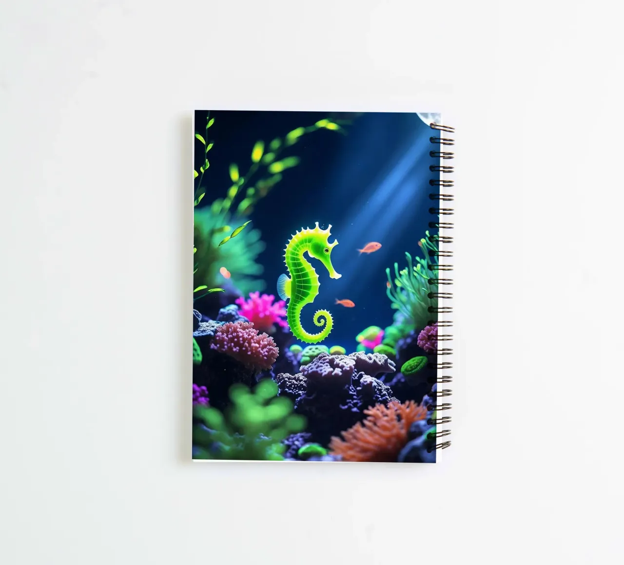 ✨🐠 Lime Glow ✦ Green Seahorse in Neon Coral 🌙 (2) carnet à spirale de LUMAQUA STUDIO