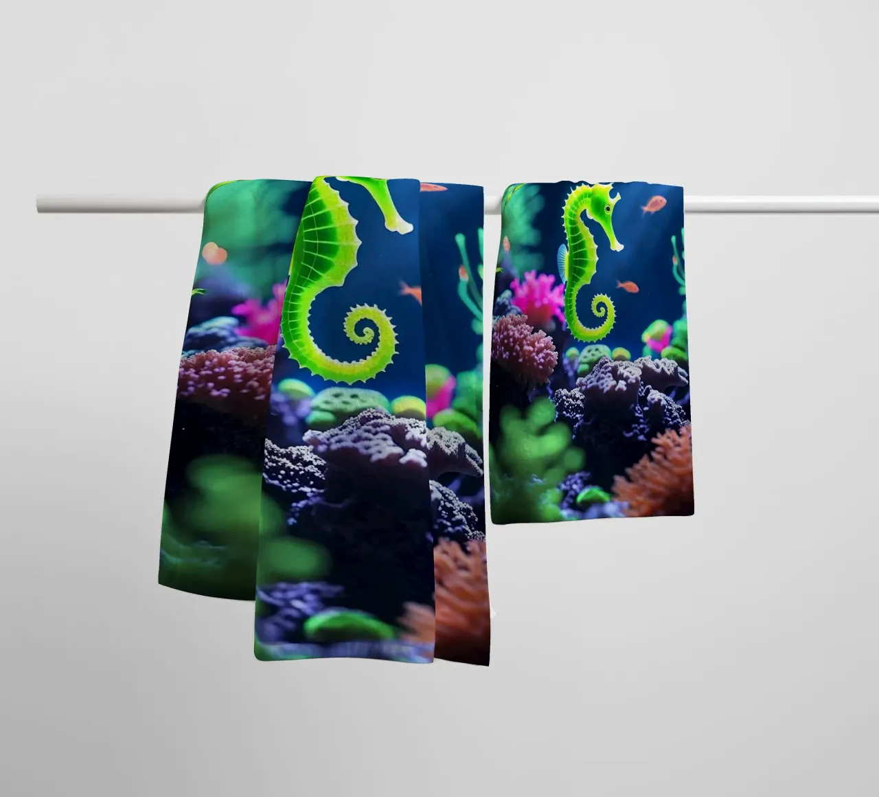 Lime Glow ✦ Hippocampe vert en corail néon (2) serviette de bain de lumaquastudio