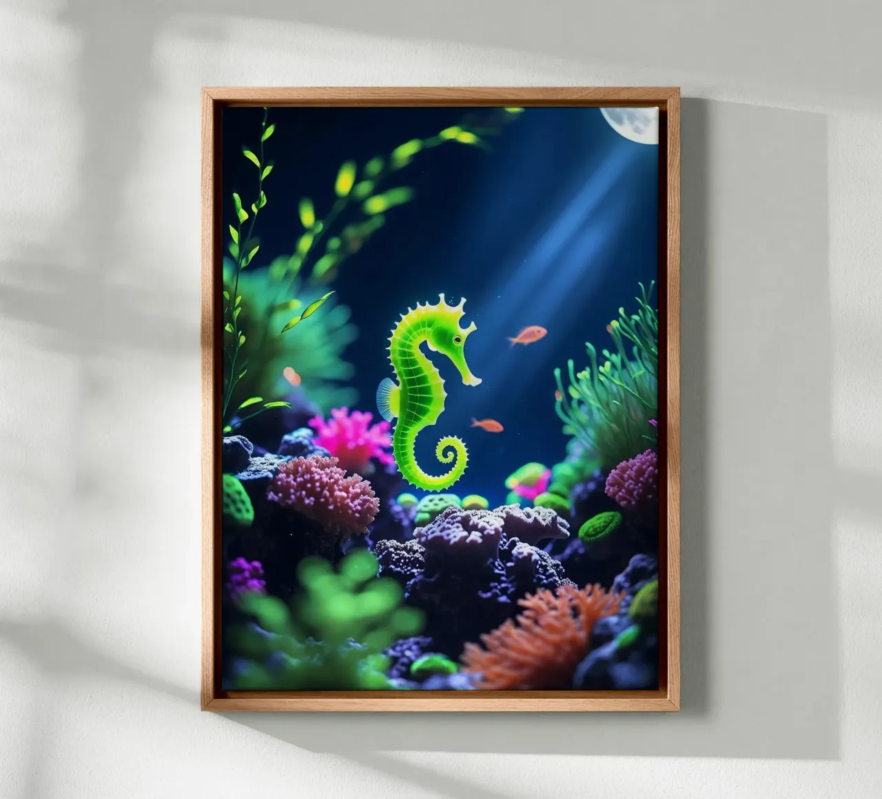 Lime Glow ✦ Groen zeepaardje in neonkoraal 🌙 (2) canvas met Baklijst van LUMAQUA STUDIO