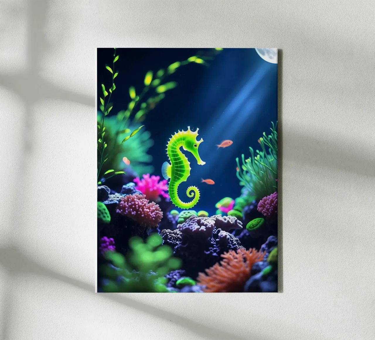 Lime Glow ✦ Groen zeepaardje in neonkoraal 🌙 (2) canvas met Baklijst van LUMAQUA STUDIO