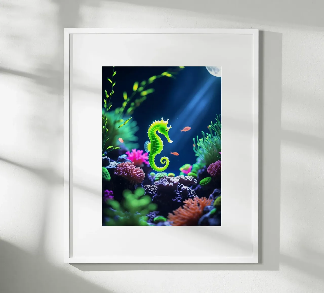 Lime Glow ✦ Hippocampe vert en corail néon (2) hahnemühle de lumaquastudio
