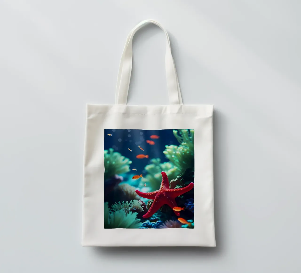 ✨🪸 Glow Rest ✦ Red Starfish Beneath the Surface 🌙 (2) Jutebeutel von LUMAQUA STUDIO
