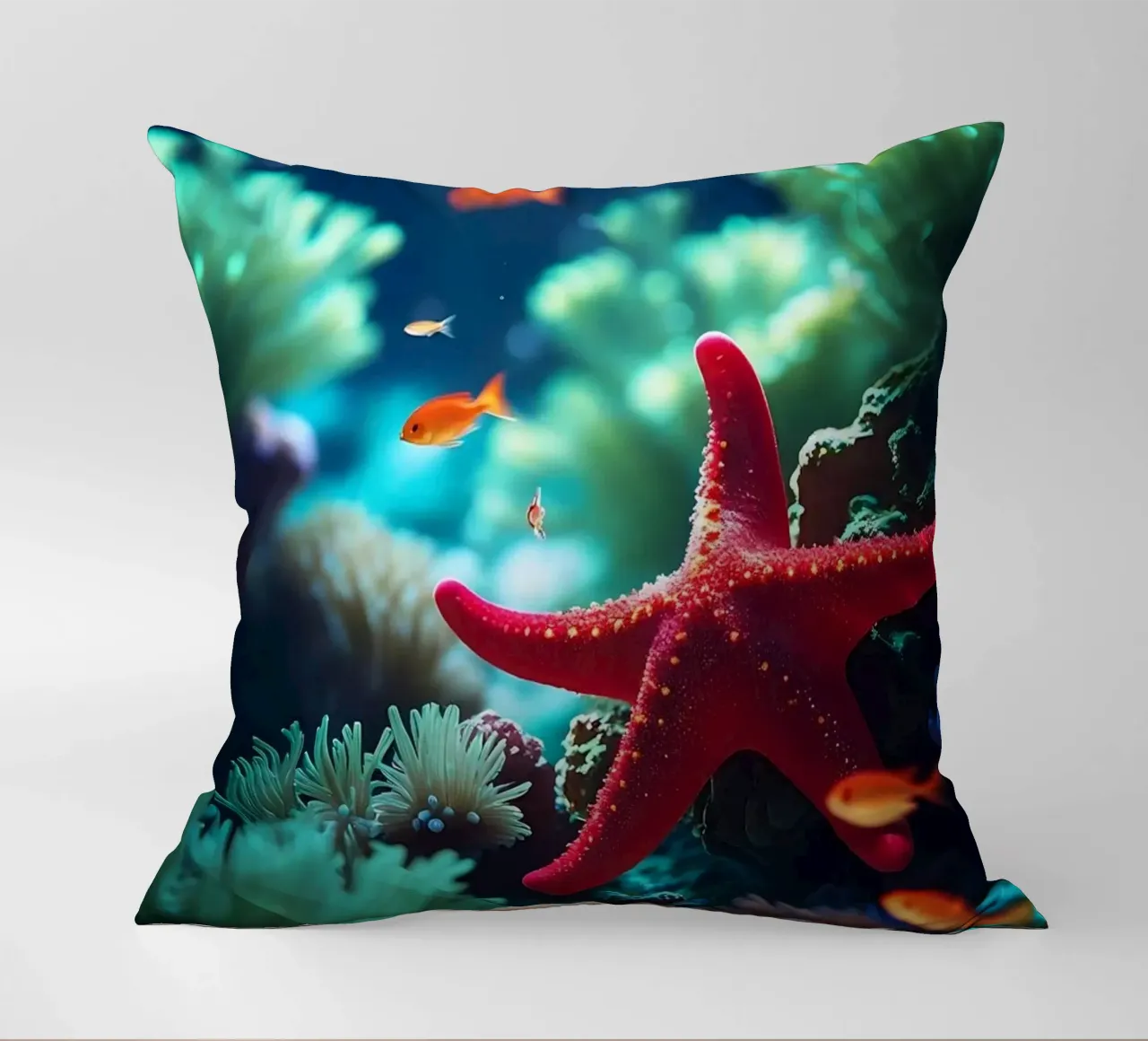Glow Rest ✦ Red Starfish Beneath the Surface (2) decorative cushion by lumaquastudio