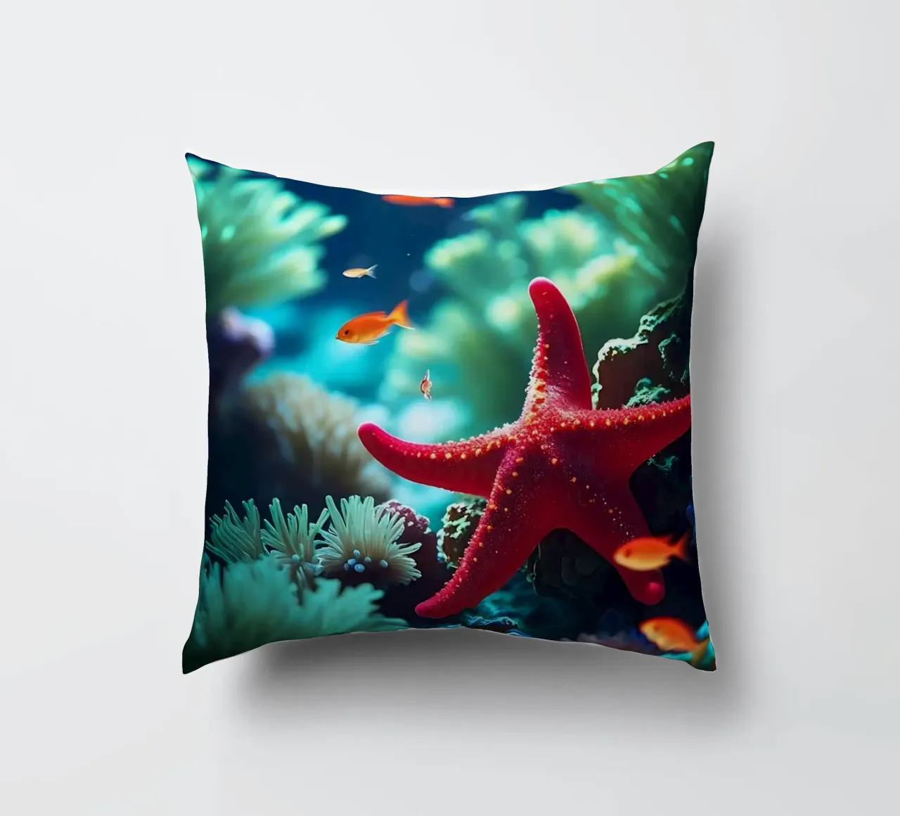 Glow Rest ✦ Red Starfish Beneath the Surface (2) decorative cushion by lumaquastudio
