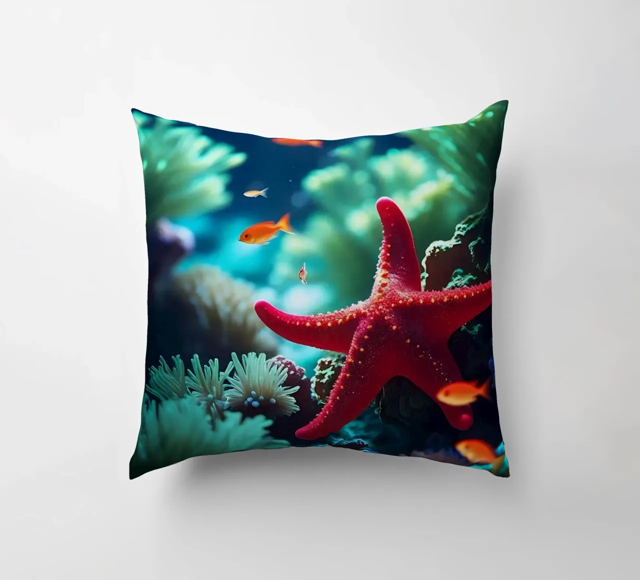 Glow Rest ✦ Red Starfish Beneath the Surface (2) decorative cushion by lumaquastudio