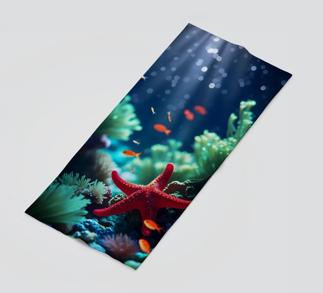 Glow Rest ✦ Red Starfish Beneath the Surface (2) beach towel by lumaquastudio