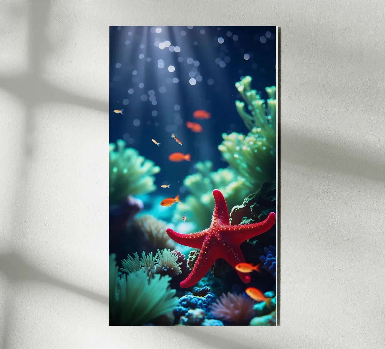 ✨🪸 Glow Rest ✦ Red Starfish Beneath the Surface 🌙 (2) Alu-Dibond von LUMAQUA STUDIO