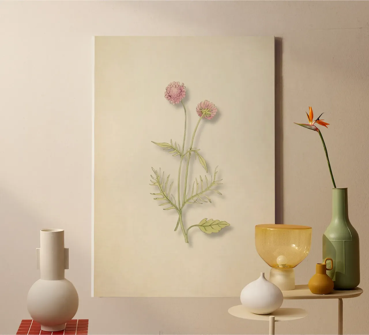 Stampa Scabiosa Columbaria - Fiore rosa vintage a puntaspilli tela con Cornice a cassetta da ClubArt