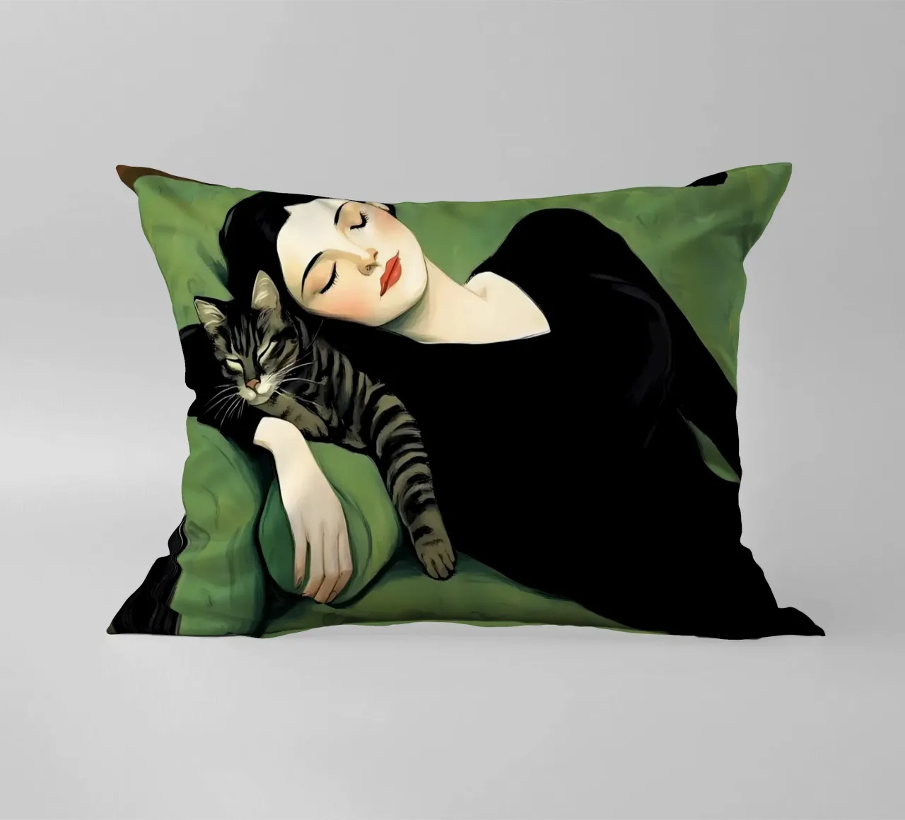 Schlafende Frau mit Katzen Kissen von IamHomeStudio