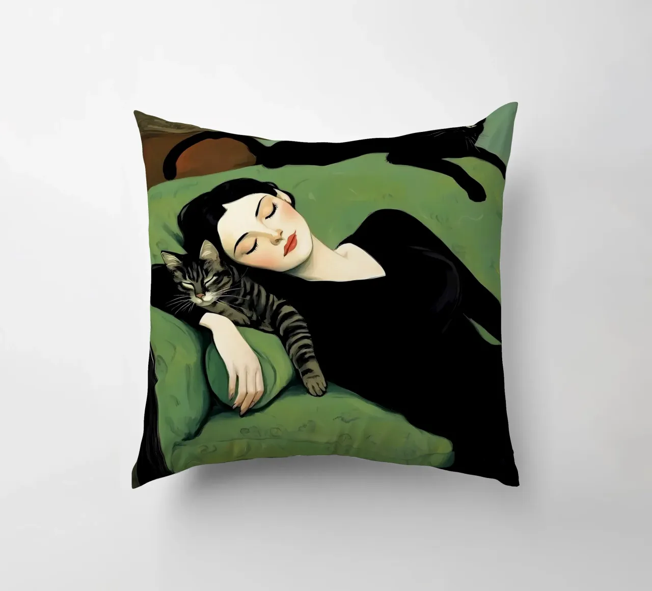 Schlafende Frau mit Katzen Kissen von IamHomeStudio