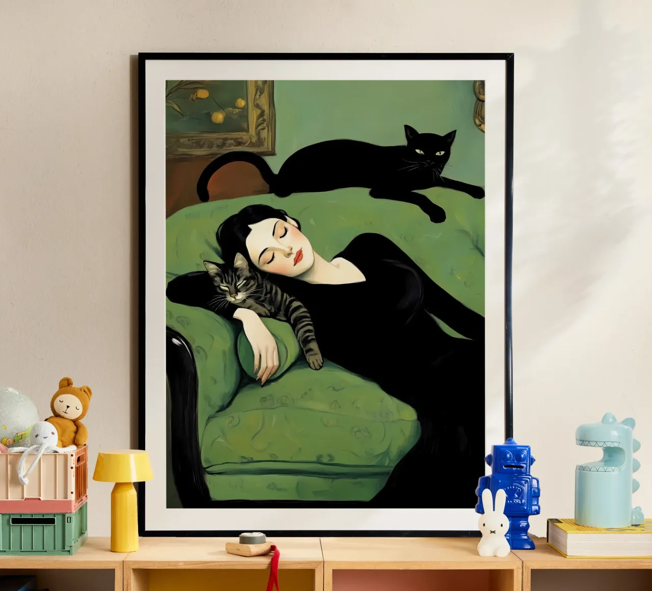 Sleeping woman with cats hahnemühle by IamHomeStudio