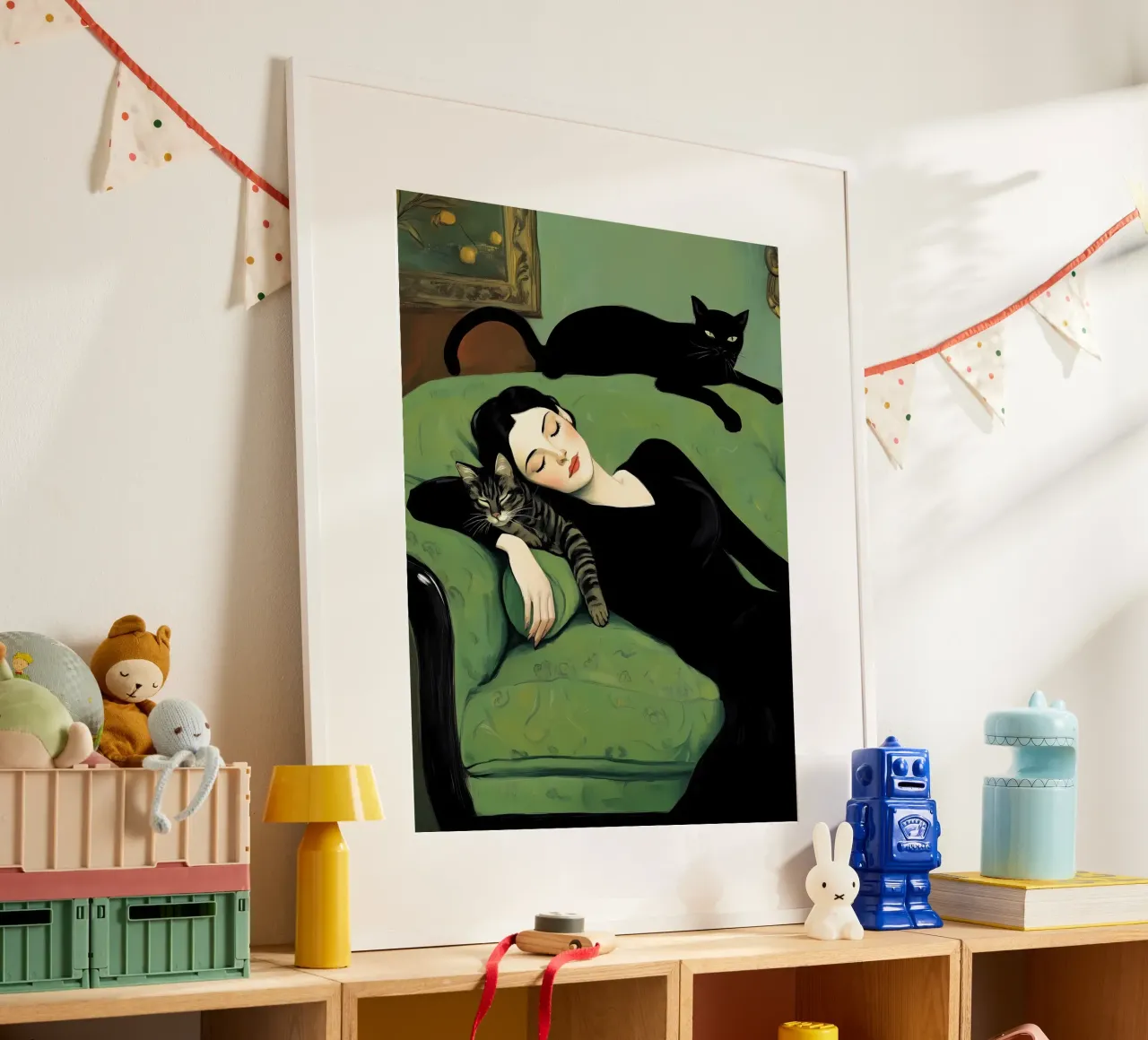 Sleeping woman with cats hahnemühle by IamHomeStudio