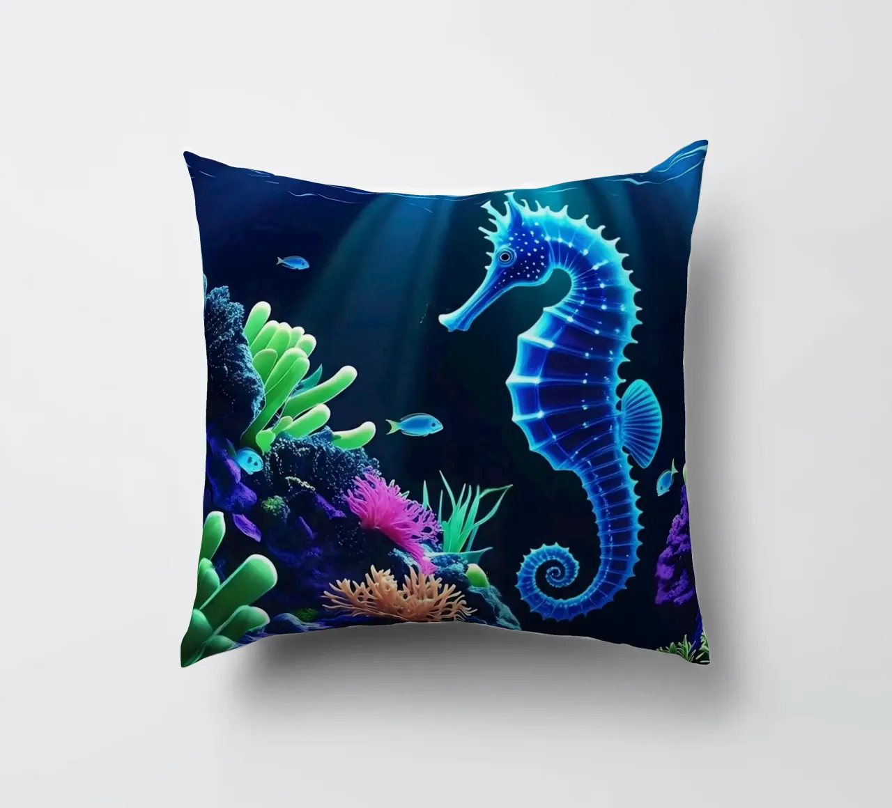 ✨🐠 Twilight Drift ✦ Neon Zeepaardje in Blooming Reefs 🌙 (1) kussen van LUMAQUA STUDIO
