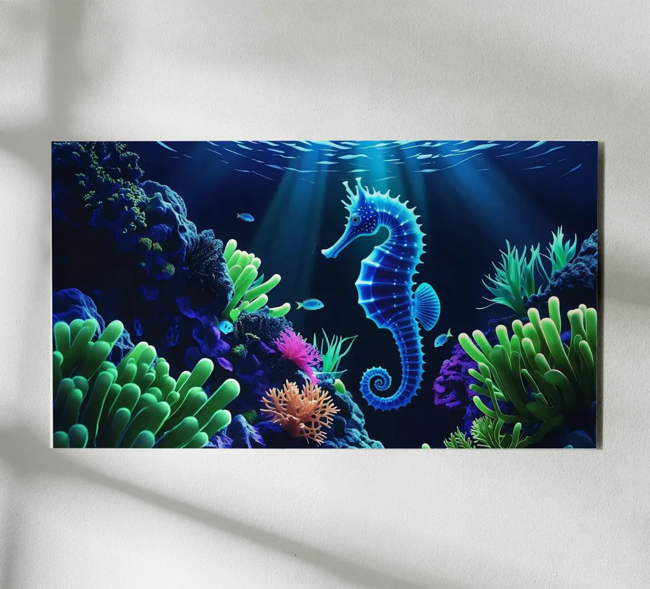 ✨🐠 Twilight Drift ✦ Neon Seahorse in Blooming Reefs 🌙 (1) alu dibond de LUMAQUA STUDIO