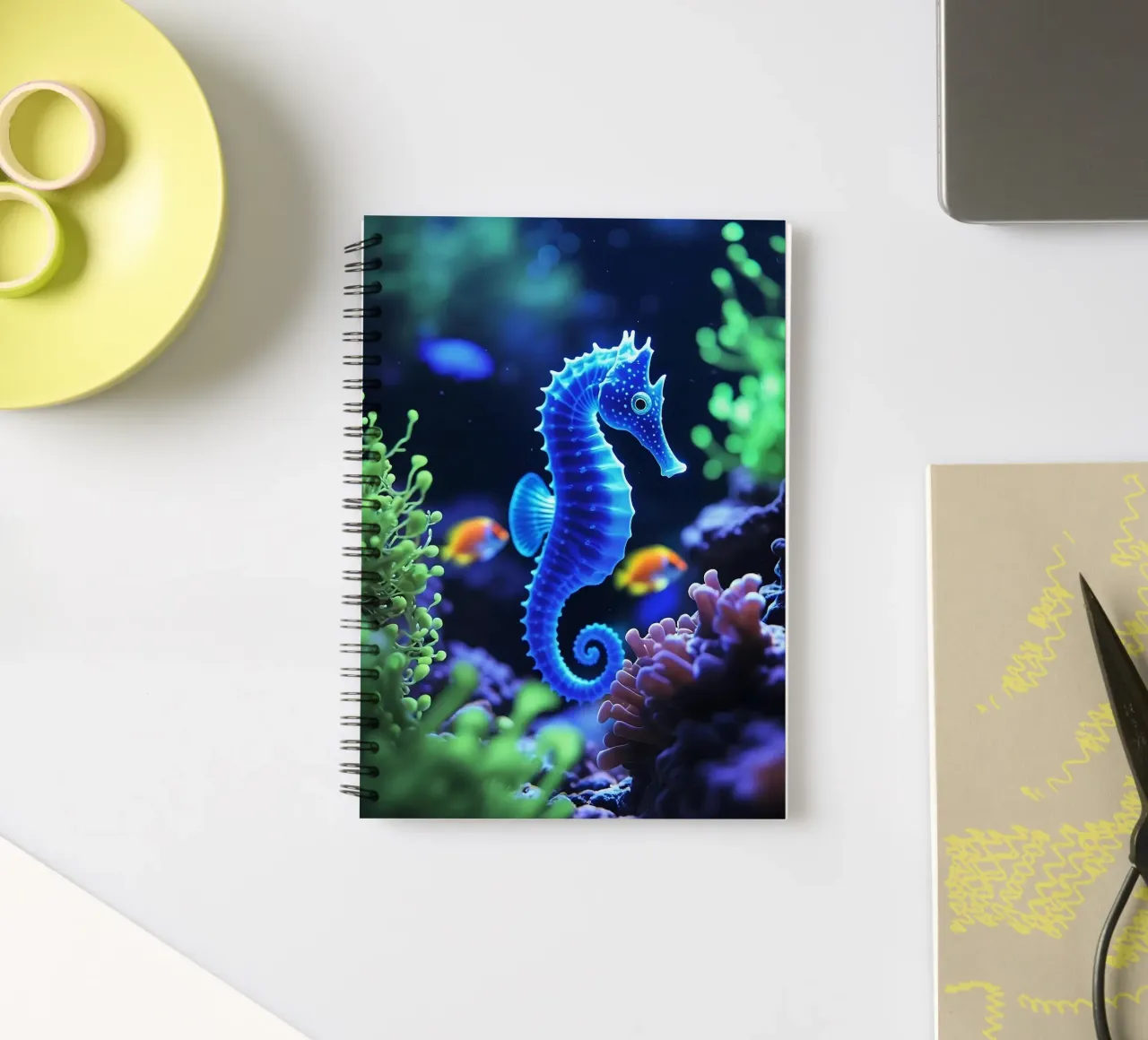 ✨🐠 Twilight Drift ✦ Neon Seahorse in Blooming Reefs🌙 (2) spiral notebook by LUMAQUA STUDIO
