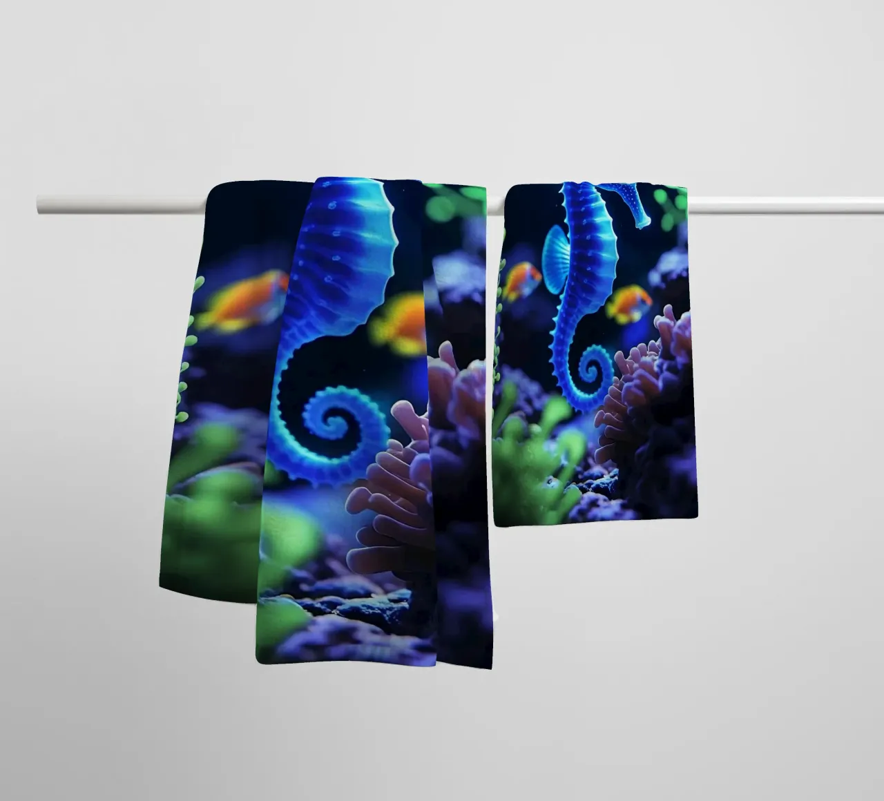 ✨🐠 Twilight Drift ✦ Neon-Seepferdchen in blühenden Riffen🌙 (2) Handtuch von LUMAQUA STUDIO