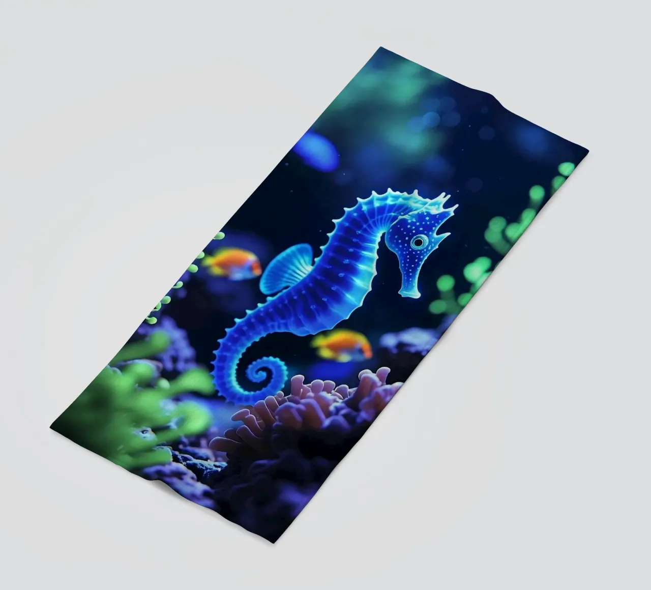 ✨🐠 Twilight Drift ✦ Neon Seahorse in Blooming Reefs🌙 (2) beach towel by LUMAQUA STUDIO
