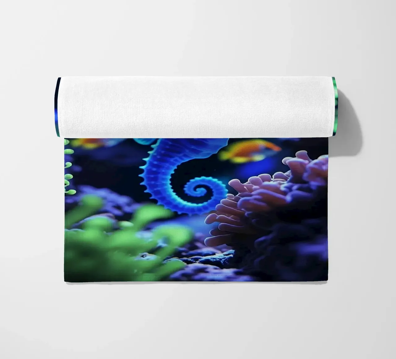 ✨🐠 Twilight Drift ✦ Neon Seahorse in Blooming Reefs🌙 (2) beach towel by LUMAQUA STUDIO