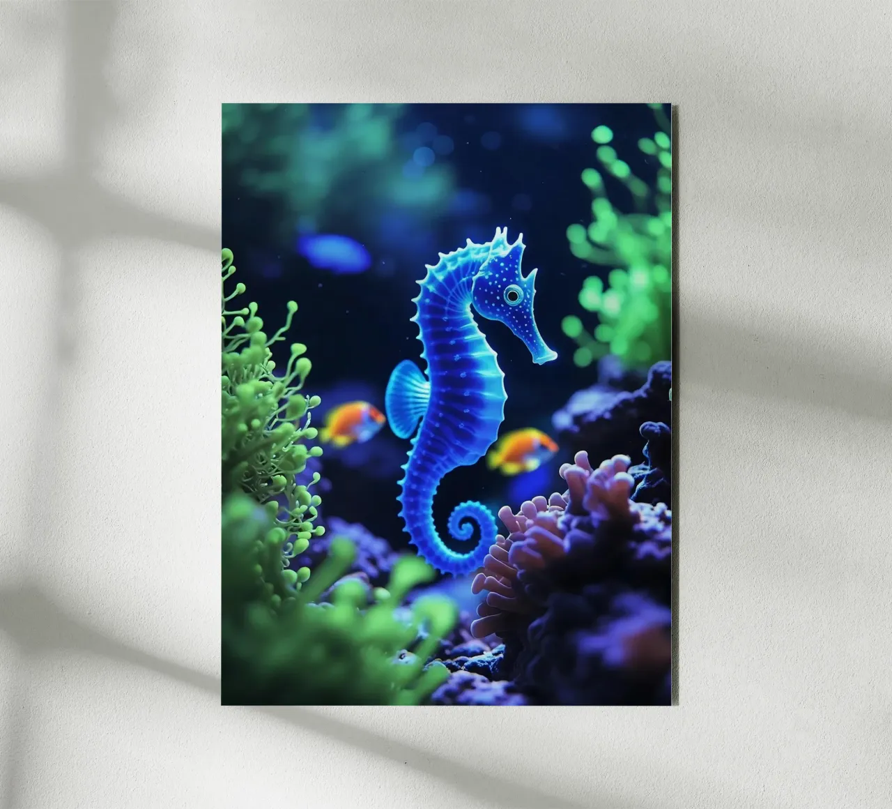 ✨🐠 Twilight Drift ✦ Neon Seahorse in Blooming Reefs🌙 (2) alu-dibond by LUMAQUA STUDIO