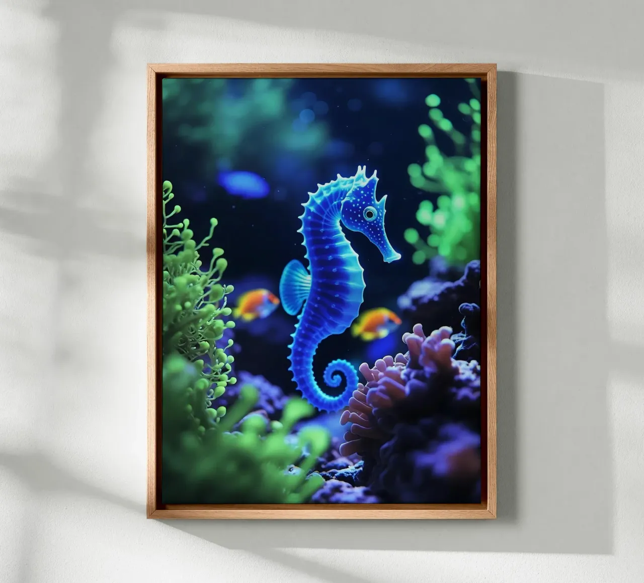 ✨🐠 Twilight Drift ✦ Neon Zeepaard in Blooming Reefs🌙 (2) canvas met Baklijst van LUMAQUA STUDIO