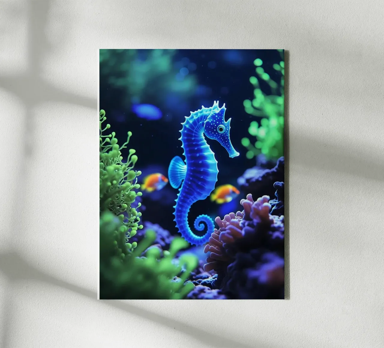 ✨🐠 Twilight Drift ✦ Neon Zeepaard in Blooming Reefs🌙 (2) canvas met Baklijst van LUMAQUA STUDIO