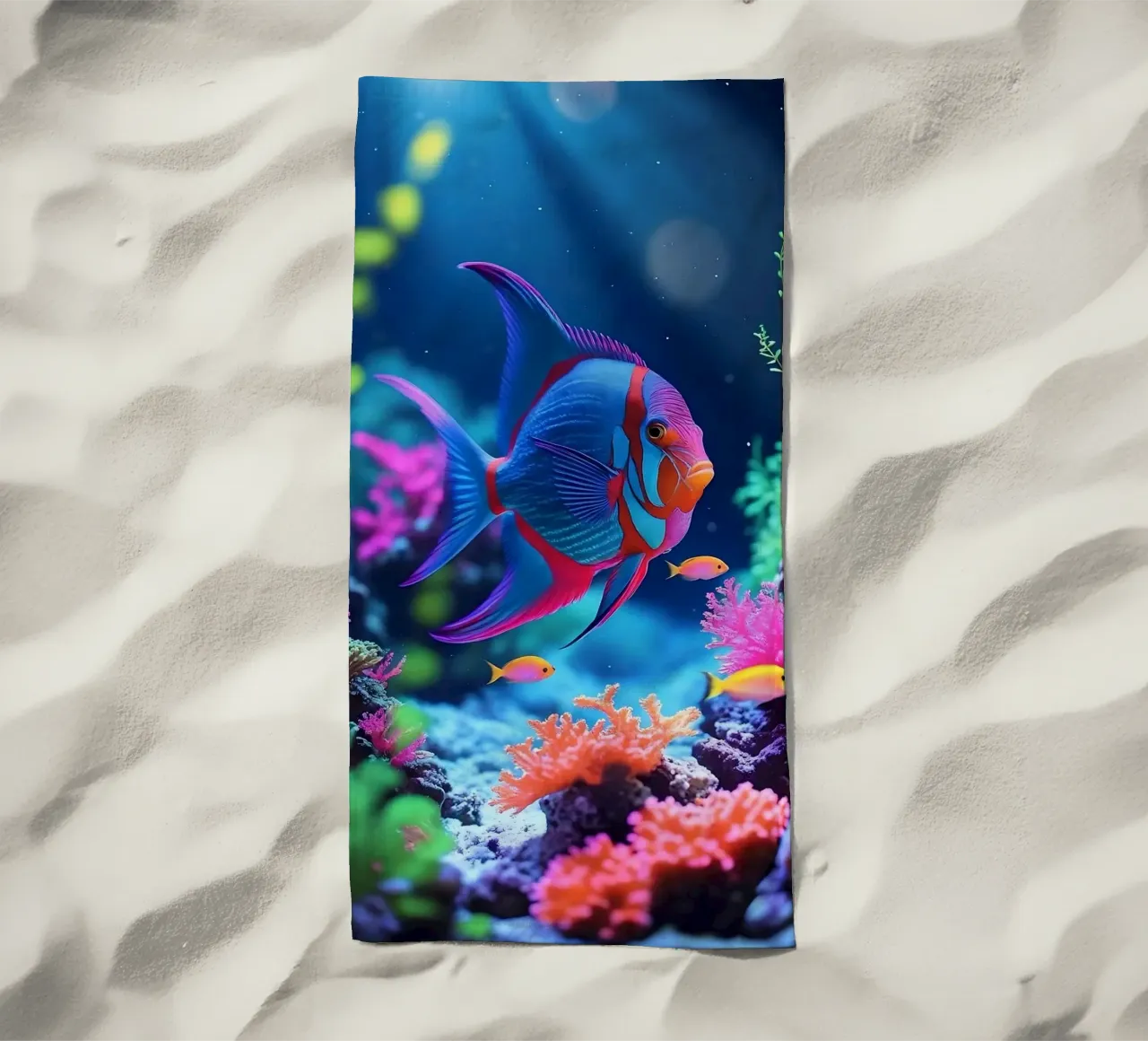 ✨🐠 Prism Drift ✦ Imaginary Fish in a Neon Bloom 🌙 beach towel by LUMAQUA STUDIO