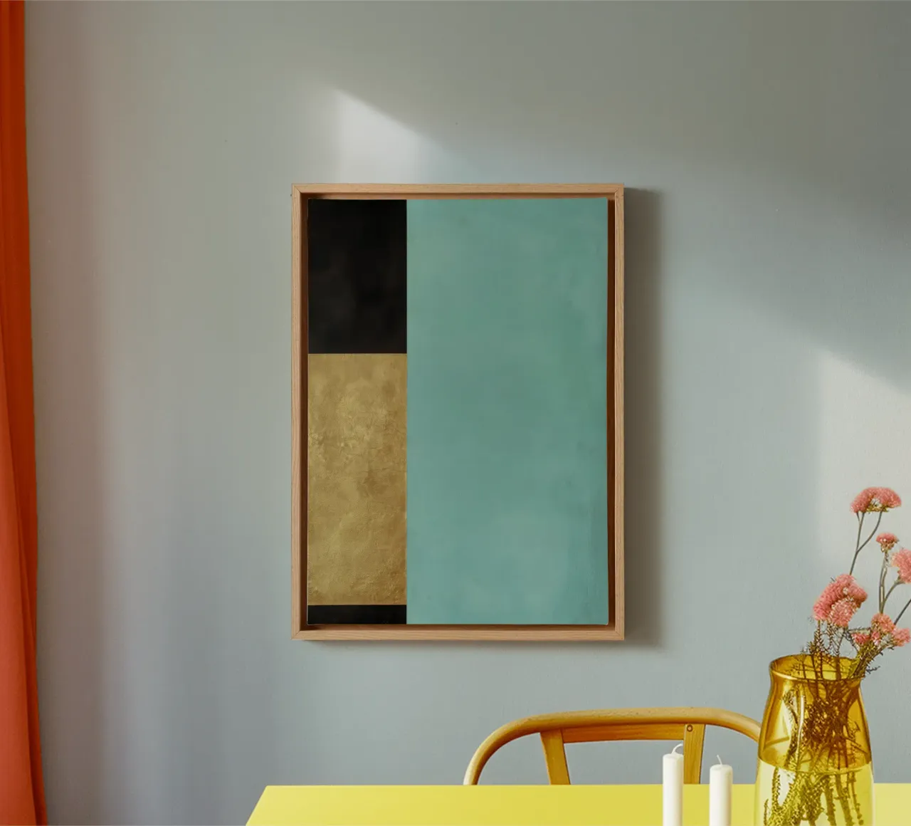 Teal, goud & zwart abstracte harmonie canvas met Baklijst van Niklas