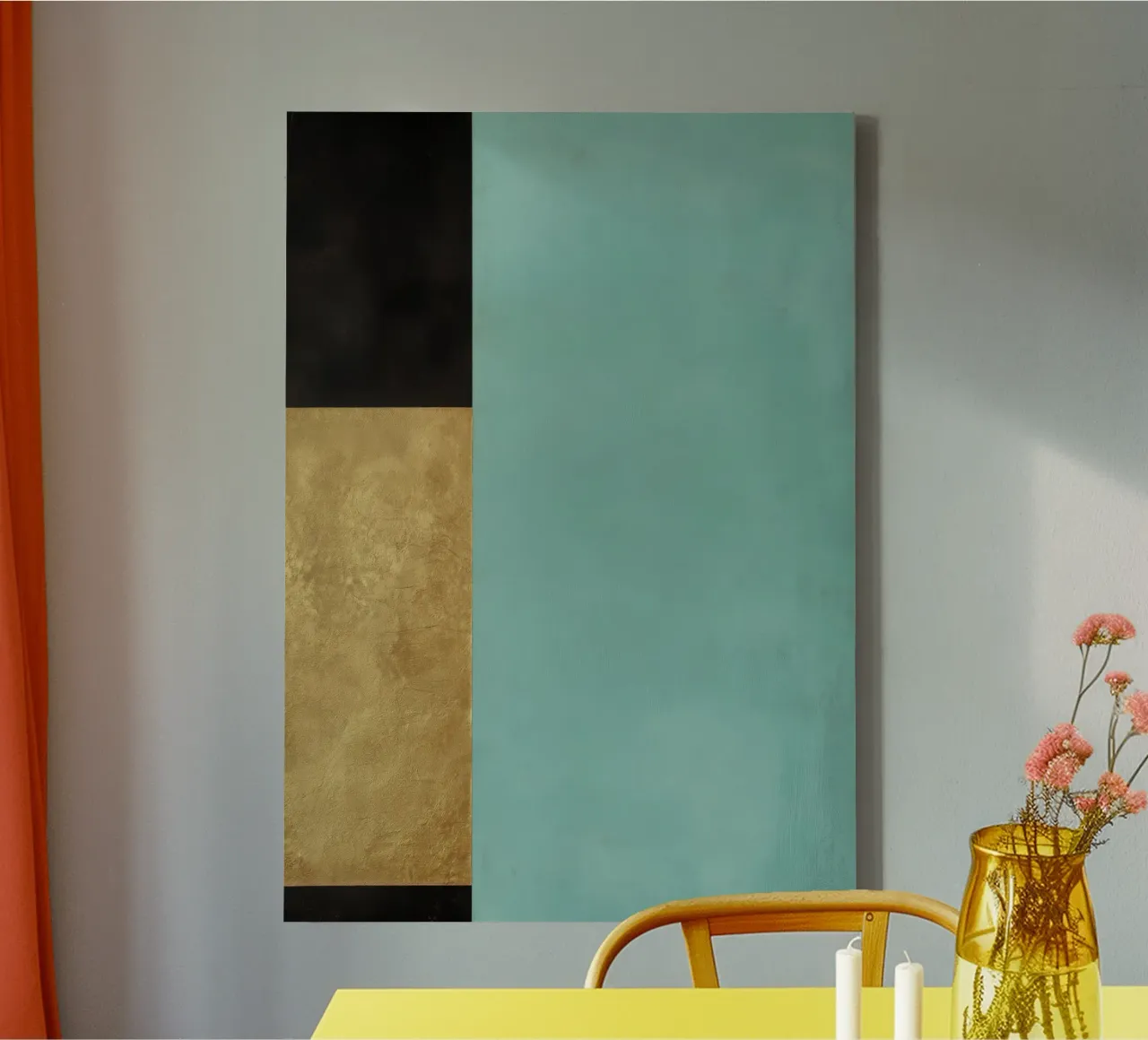 Teal, goud & zwart abstracte harmonie canvas met Baklijst van Niklas