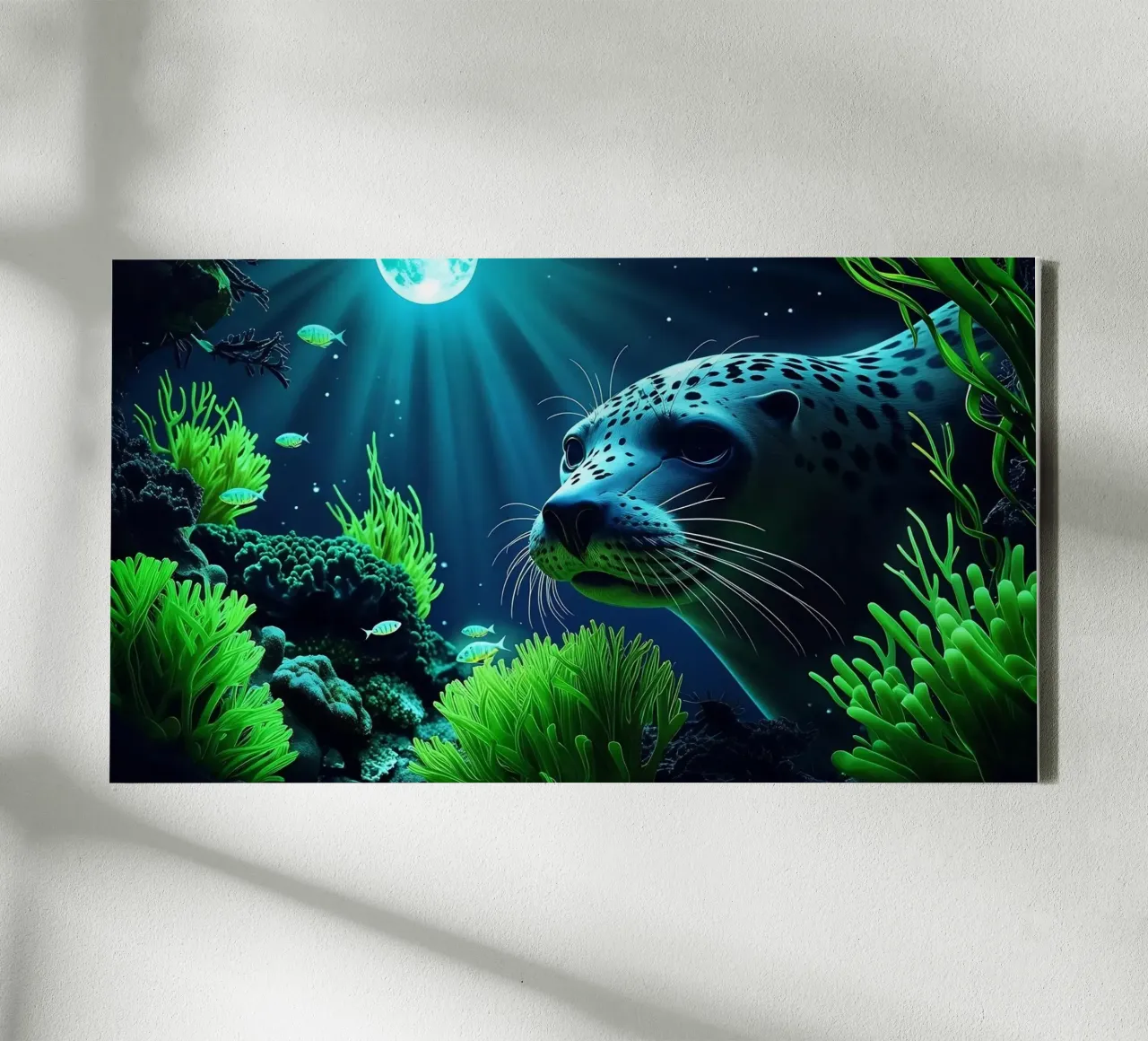 ✨🦭 Moonshadow Watcher ✦ Spotted Seal in Neon Waters 🌙 canvas by LUMAQUA STUDIO
