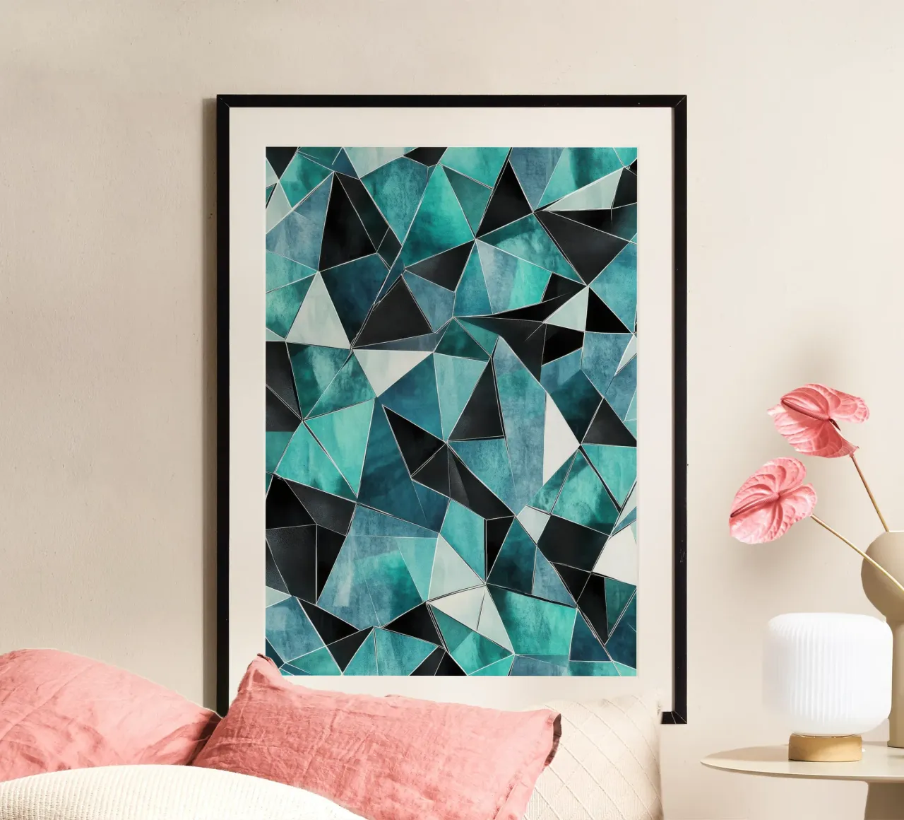 Teal & Black Geometric Watercolor poster con telaio in legno da Niklas