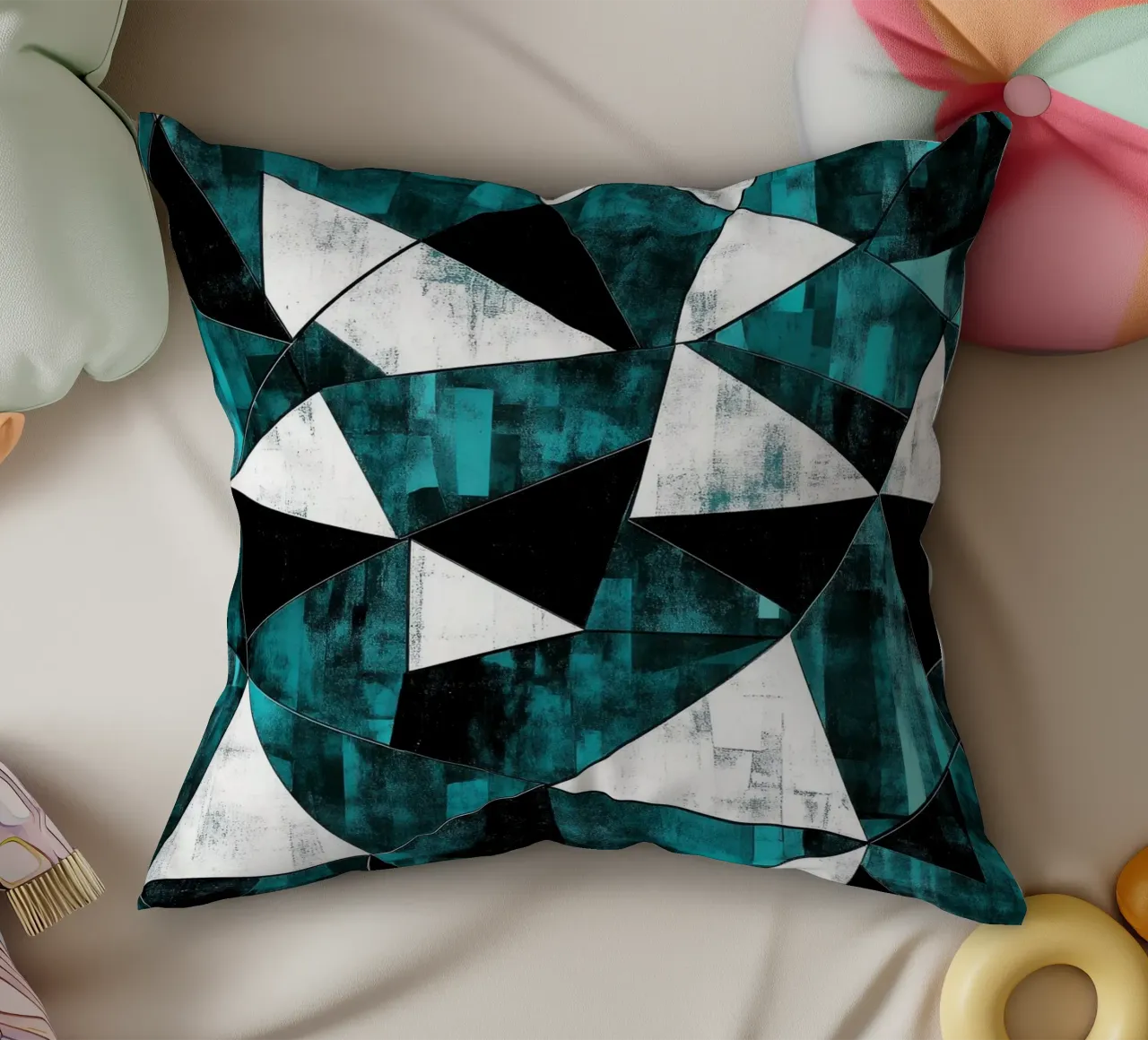 Triangular pattern in turquoise & white decorative cushion by Niklas