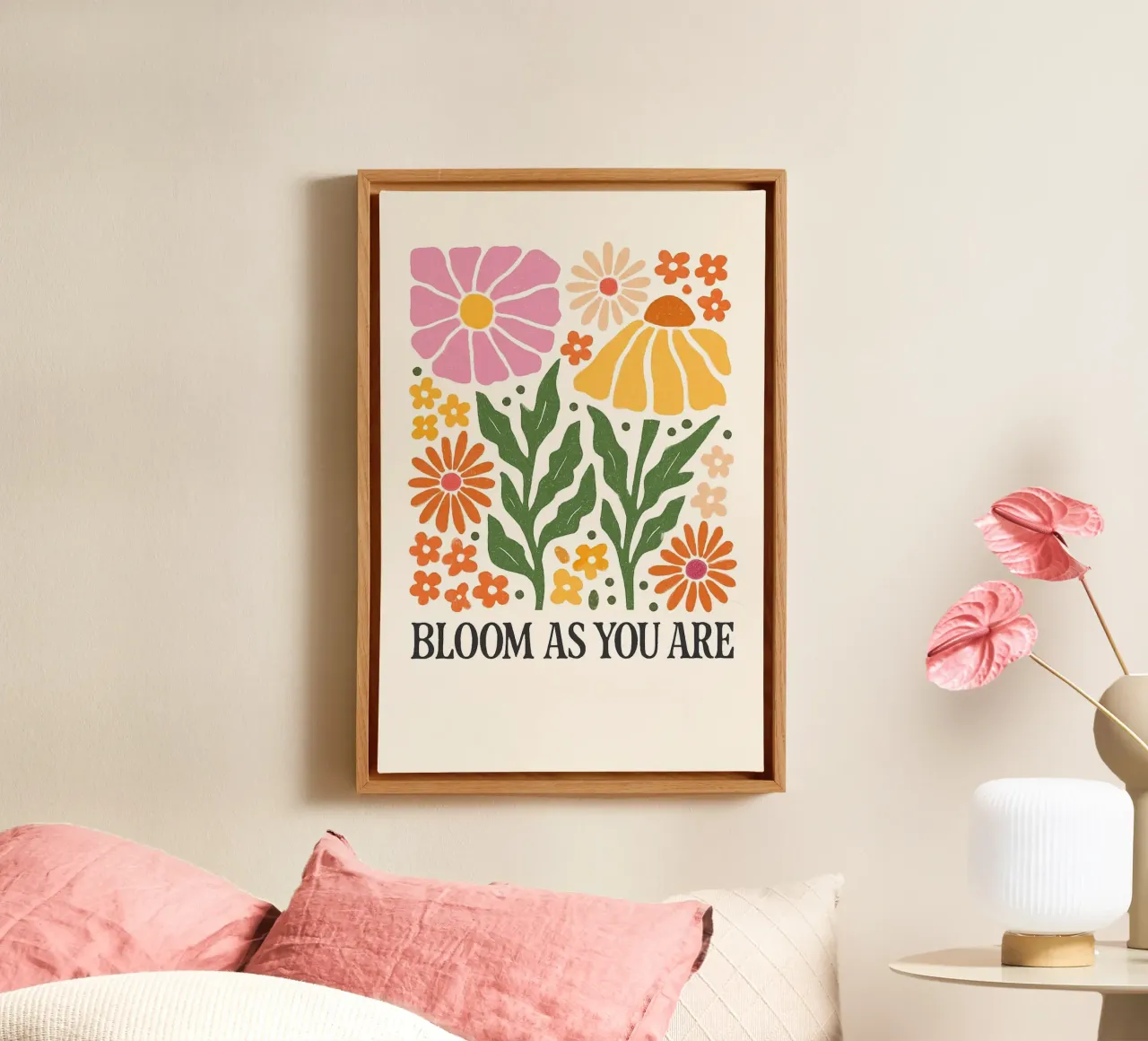 Retro Bloemen Positiviteit Kunstdruk canvas met Baklijst van inspirational quote