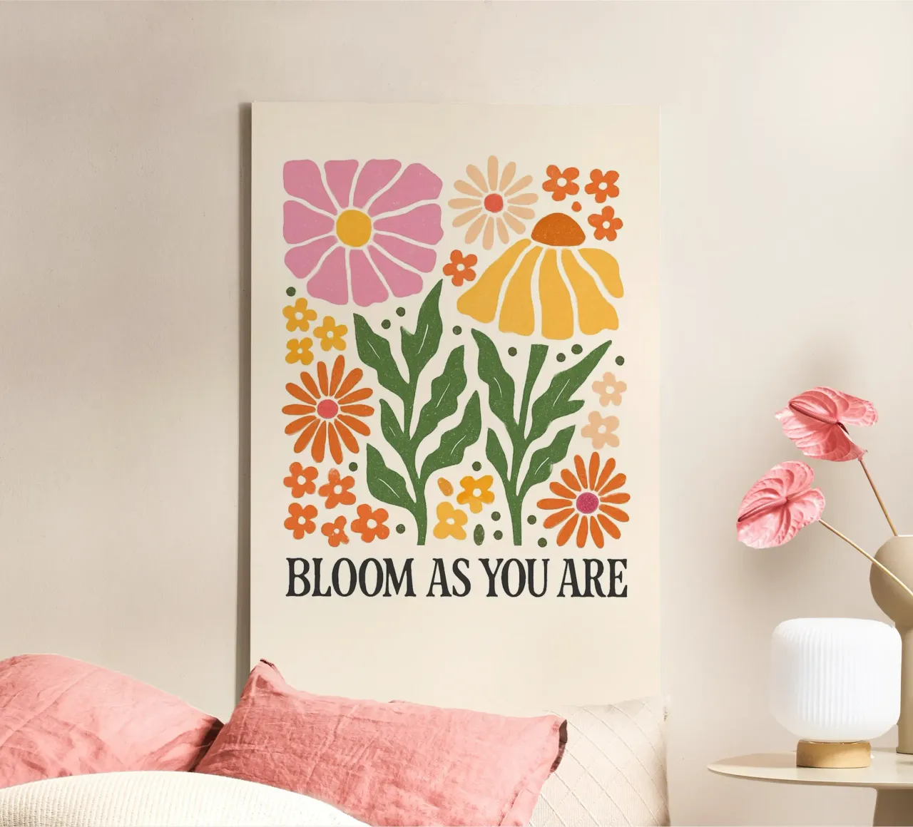 Retro Bloemen Positiviteit Kunstdruk canvas met Baklijst van inspirational quote