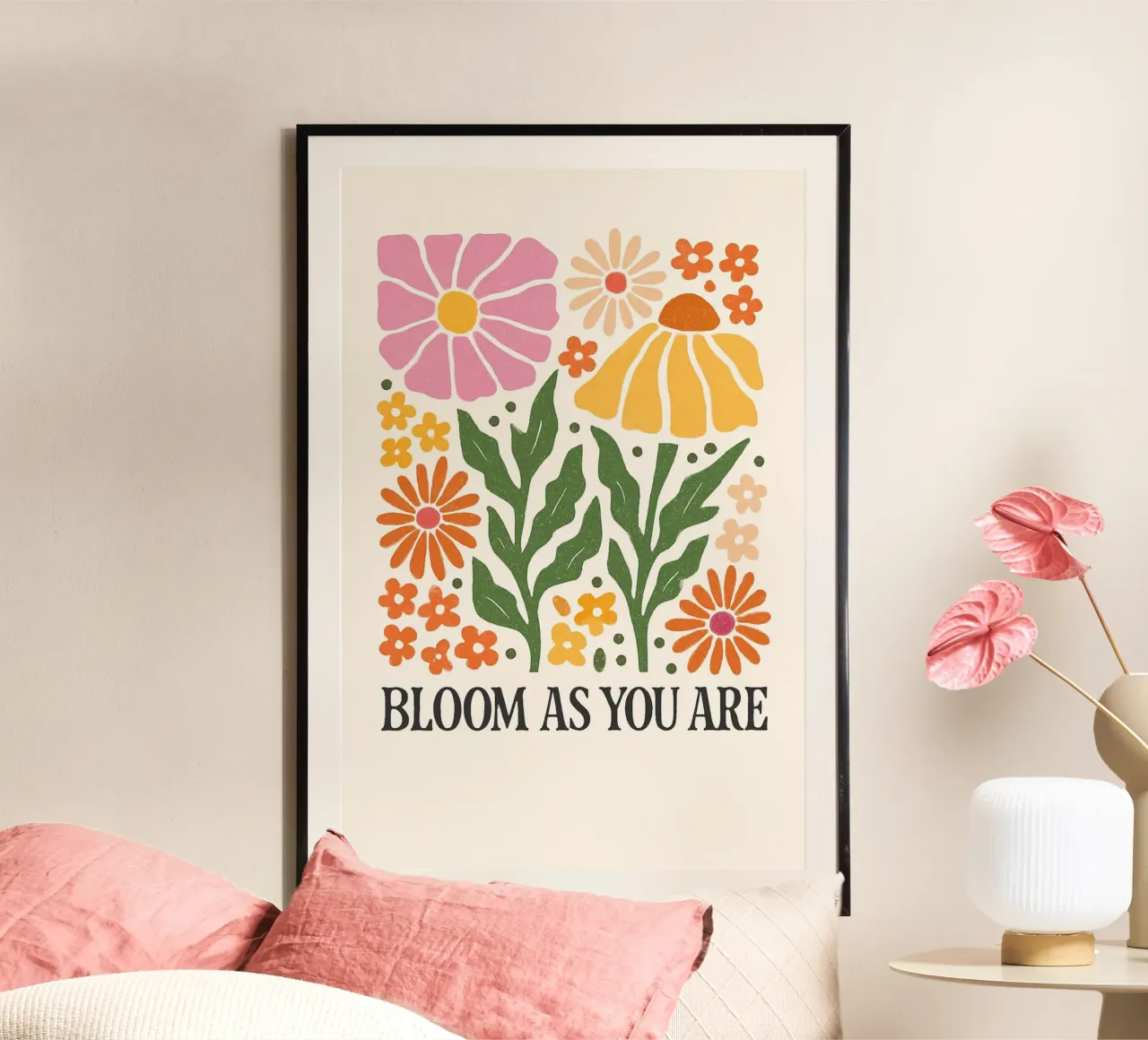 Retro Bloemen Positiviteit Kunstdruk poster met houten frame van inspirational quote