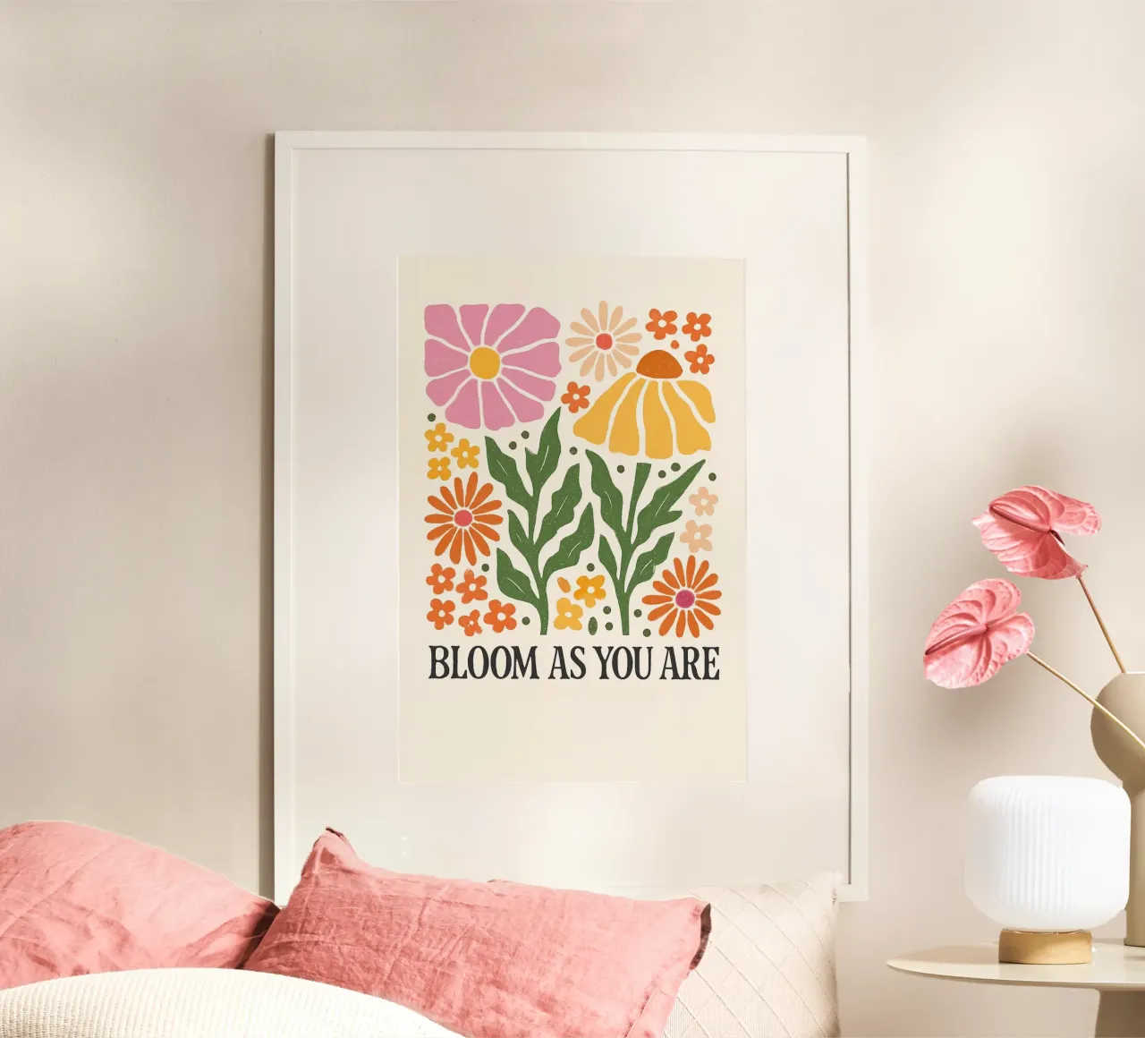 Retro Bloemen Positiviteit Kunstdruk poster met houten frame van inspirational quote