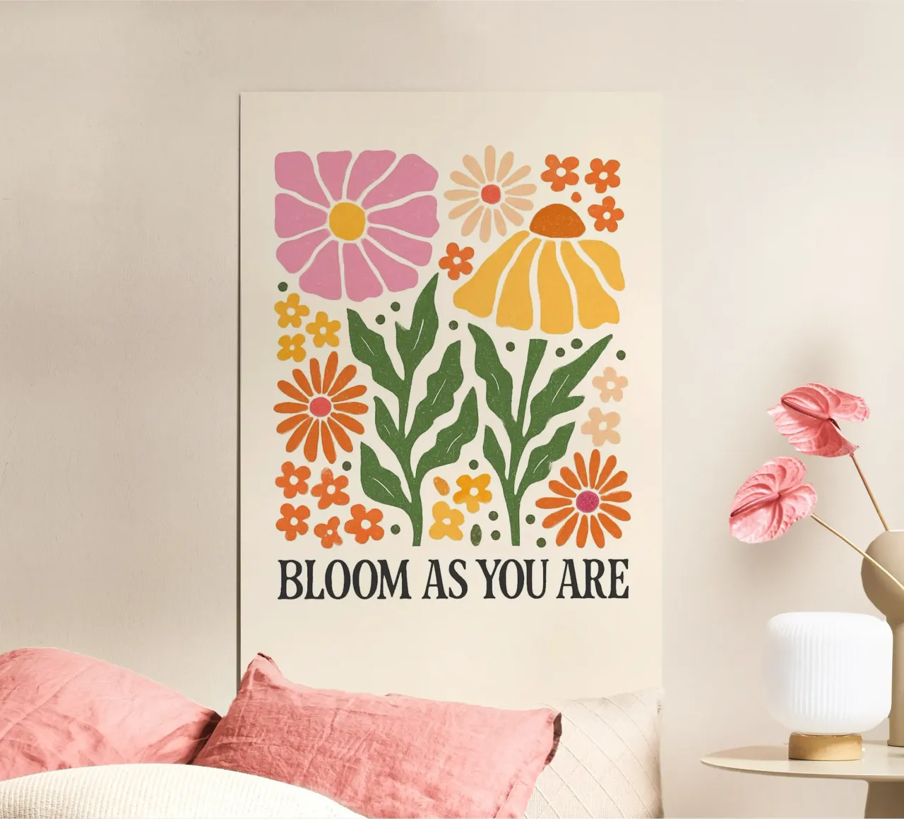 Retro Bloemen Positiviteit Kunstdruk poster met houten frame van inspirational quote