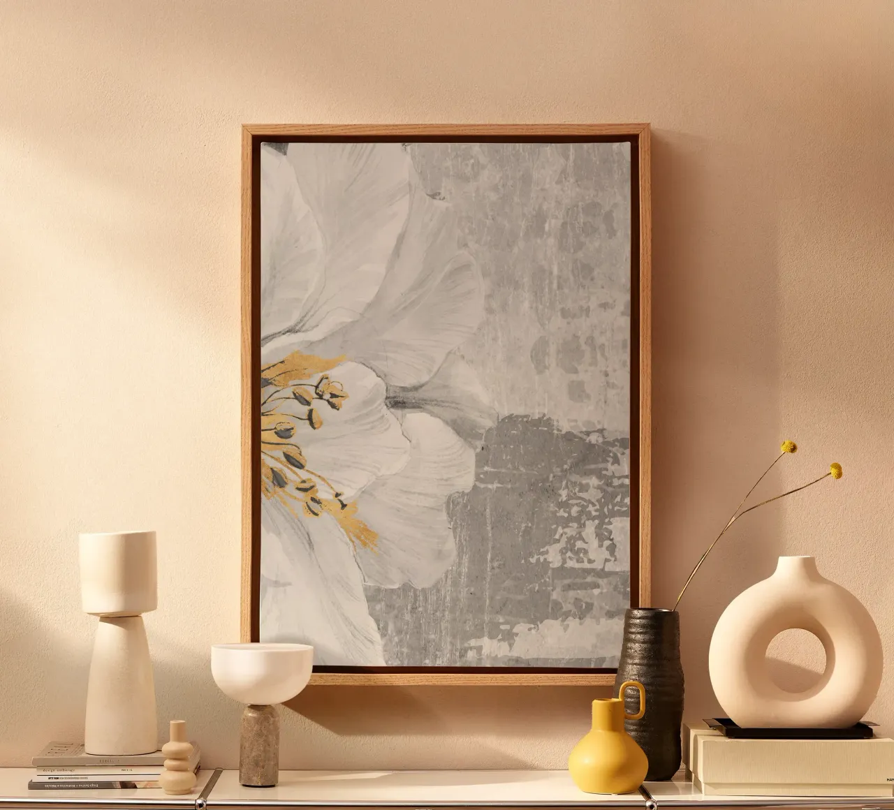 gray abstract art with flower canvas by vintageshop