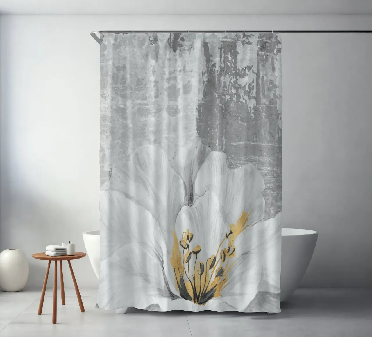 gray abstract art with white flower shower curtain by vintageshop