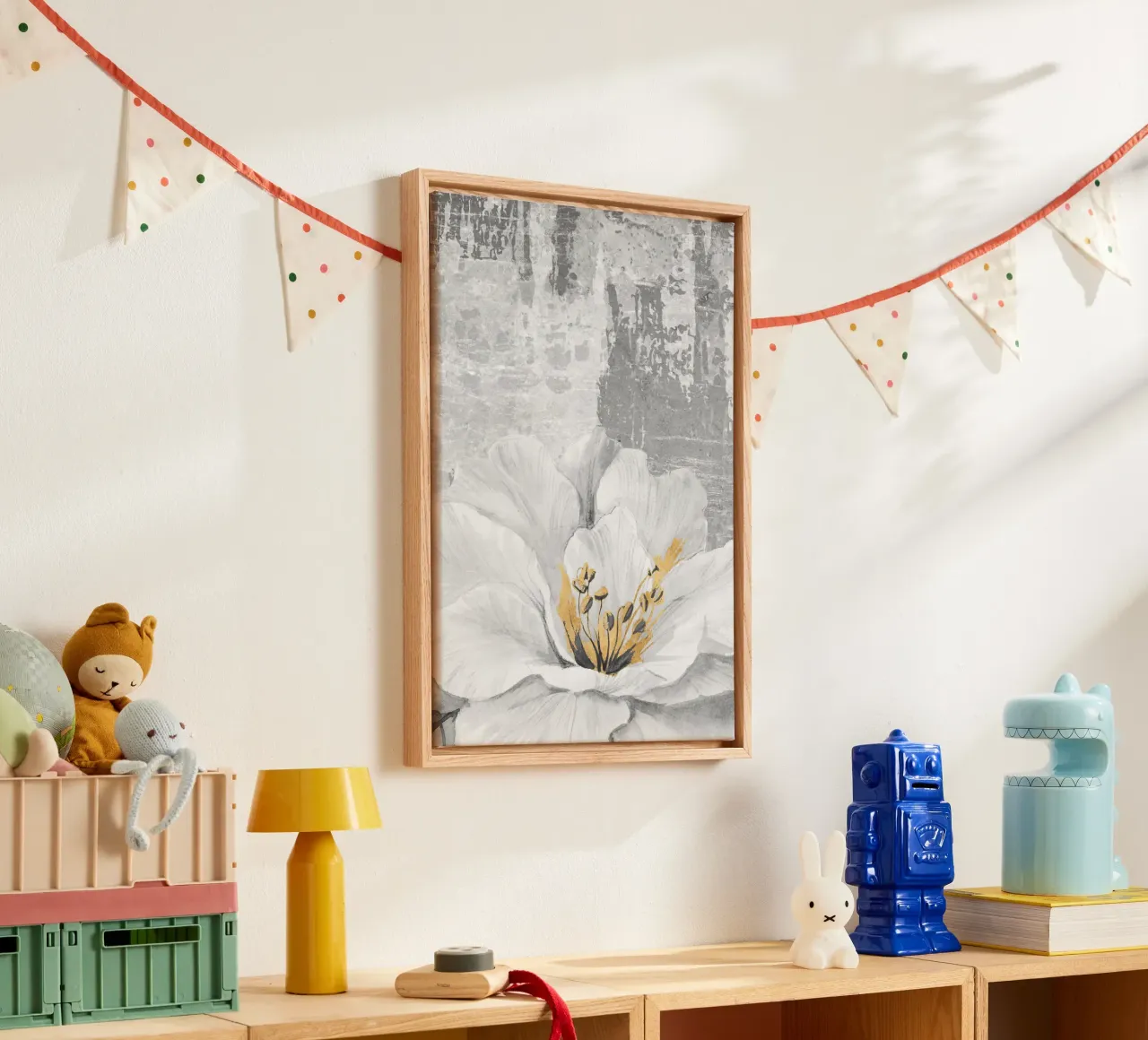 gray abstract art with white flower canvas by vintageshop