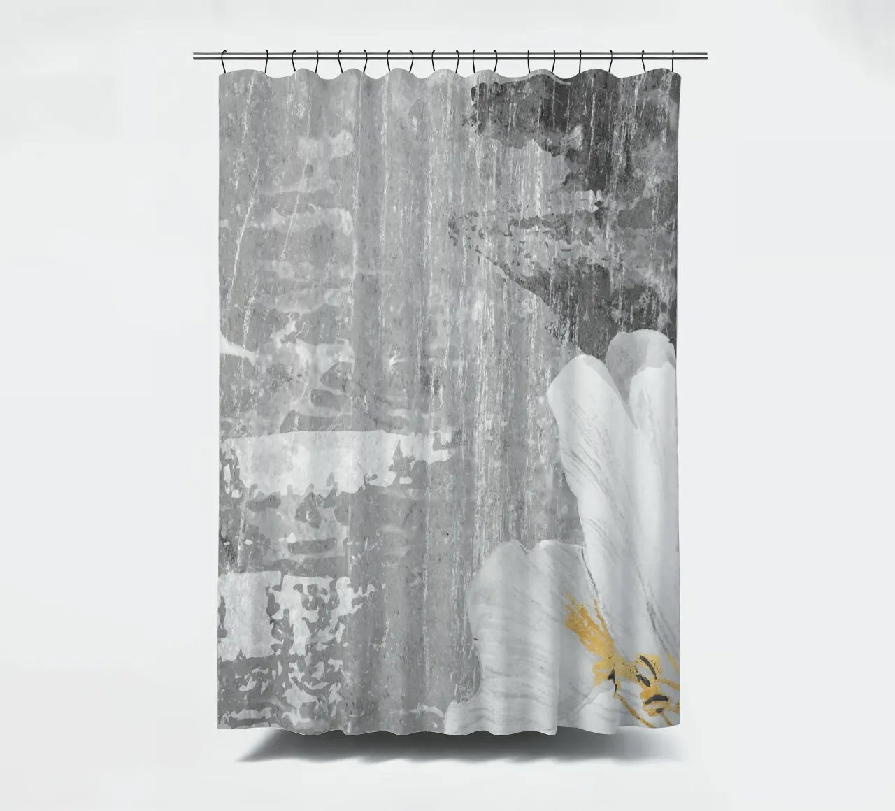 gray abstract art with white flower x shower curtain by vintageshop