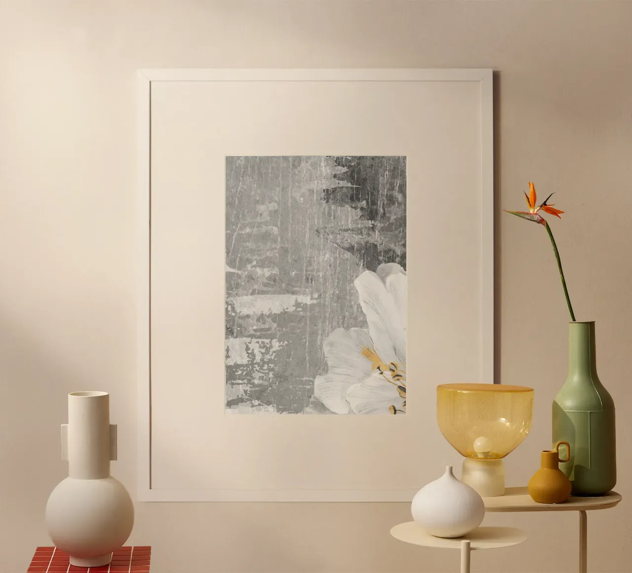gray abstract art with white flower x carta hahnemühle da vintageshop