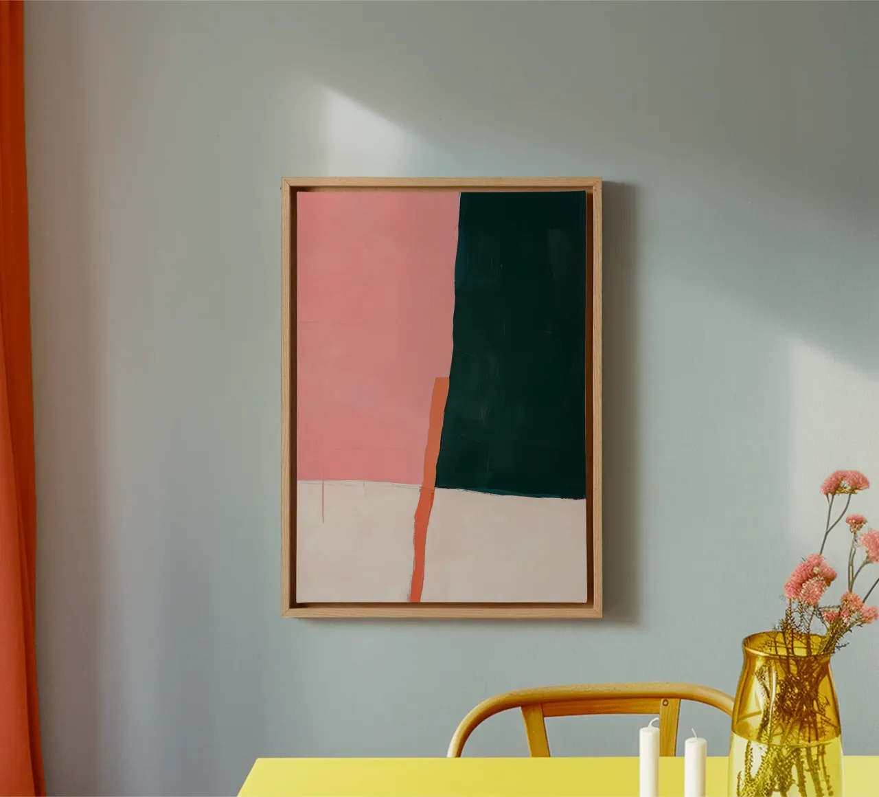 Minimalistische compositie in roze & groen canvas met Baklijst van Euphoria Theresa