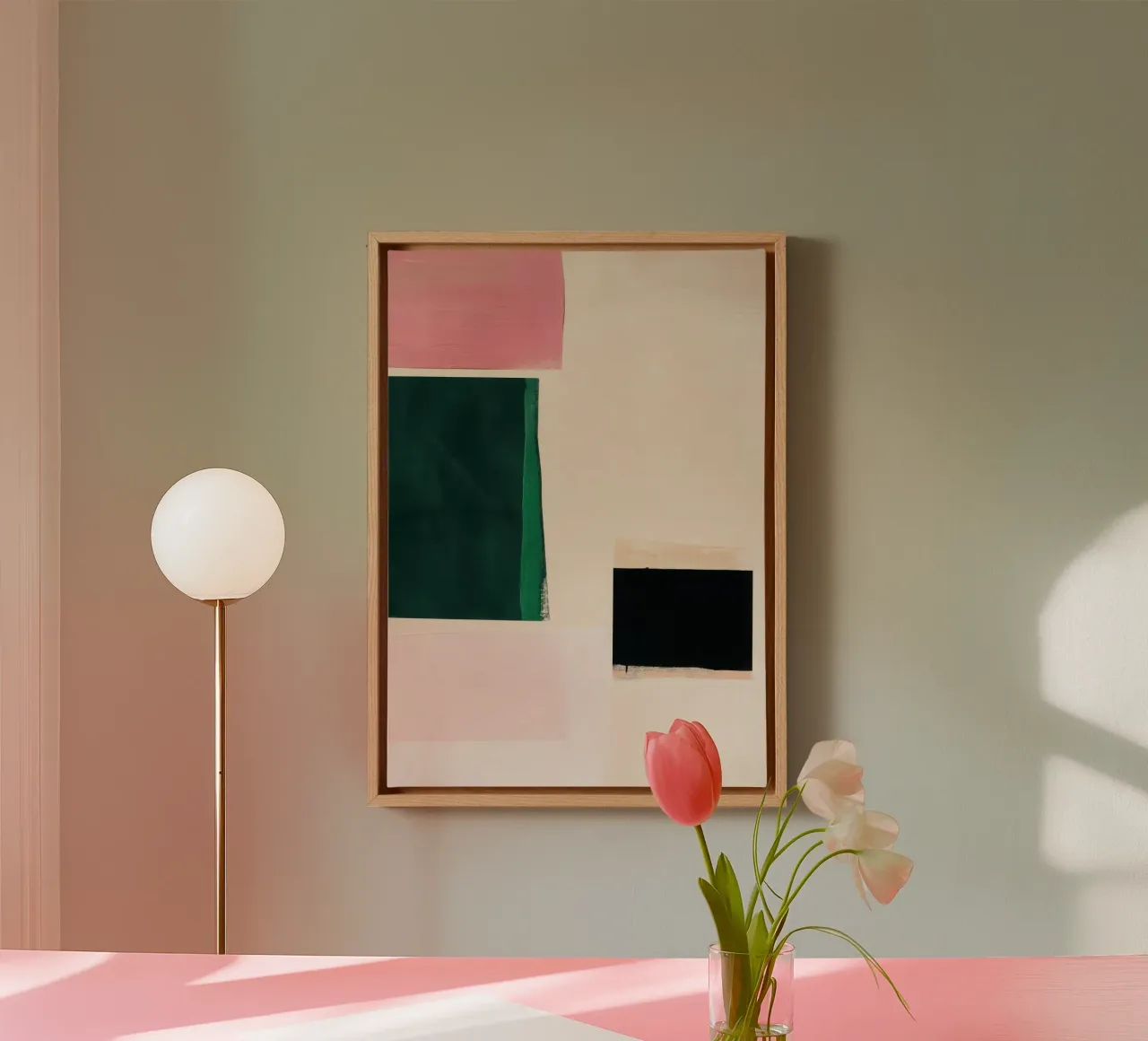 Minimalist Japandi art in pink & green canvas by Euphoria Theresa