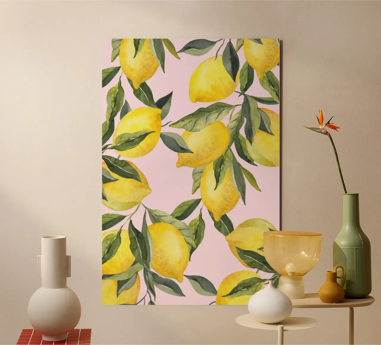 Zitrone drucken rosa, Aquarell Zitrone Poster Alu-Dibond von Bella Studio